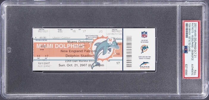 2007 Miami Dolphins/New England Patriots Full Ticket From Tom Bradys First Six Touchdown Performance - PSA Authentic
